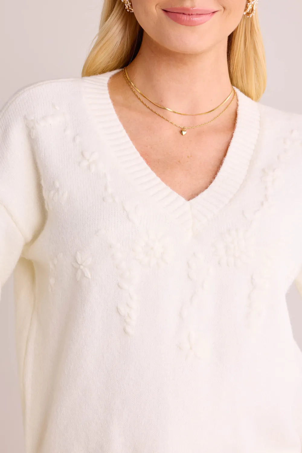 White Cable Knit V-Neck Sweater
