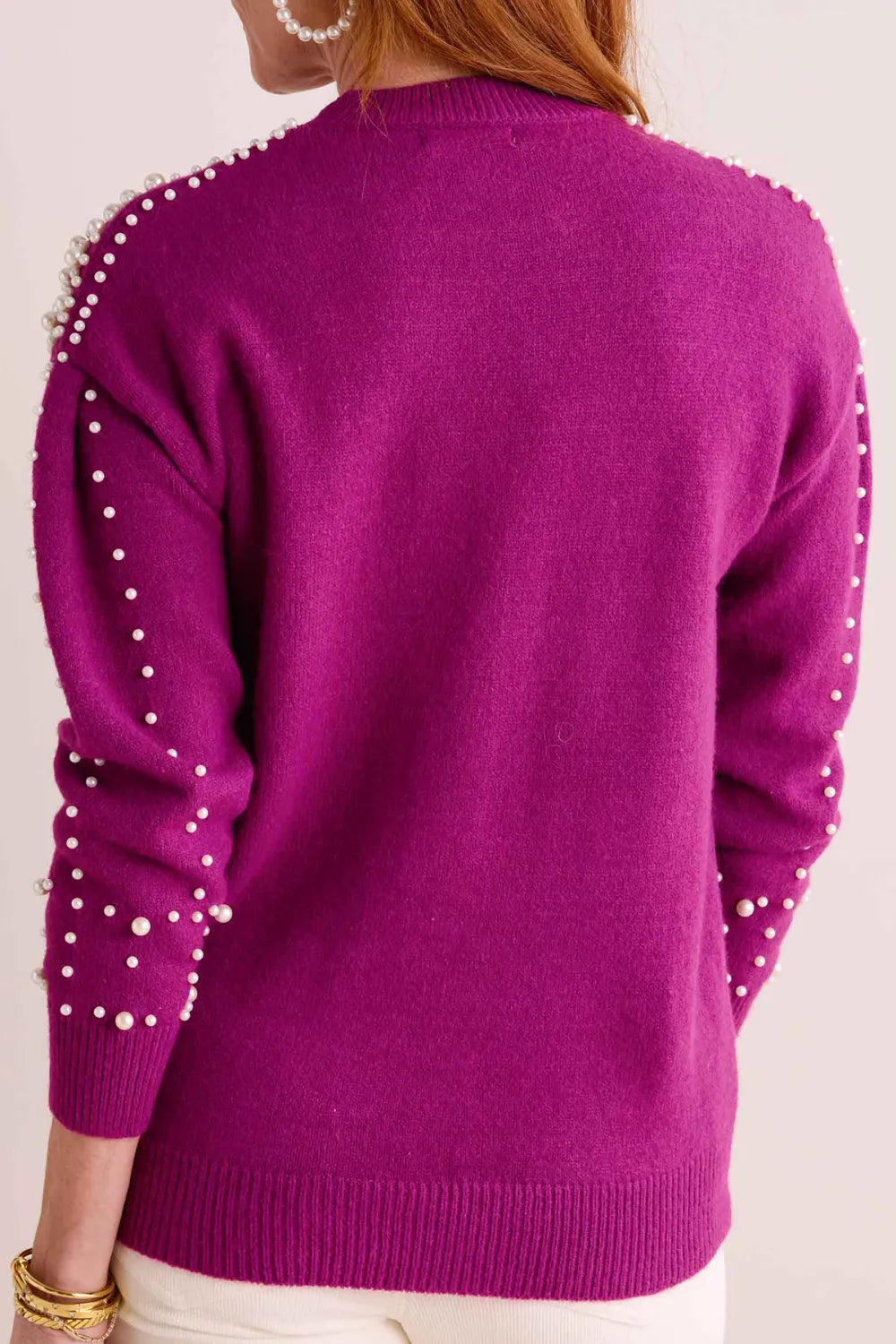 Purple Crew Neck Rhinestone Embellished Sweater
