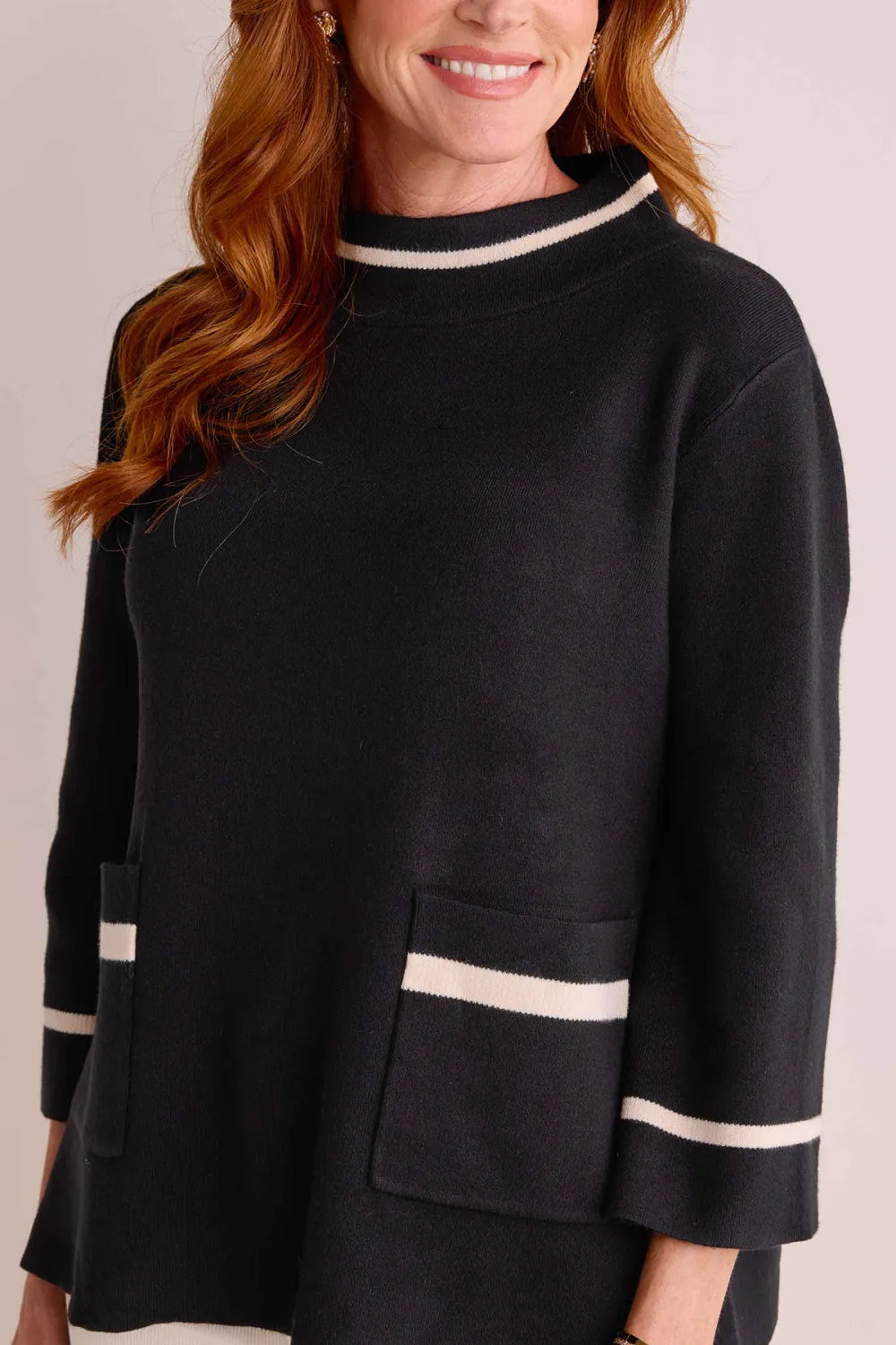 Black Mock Neck Patch Pockets Contrast Trim Sweater