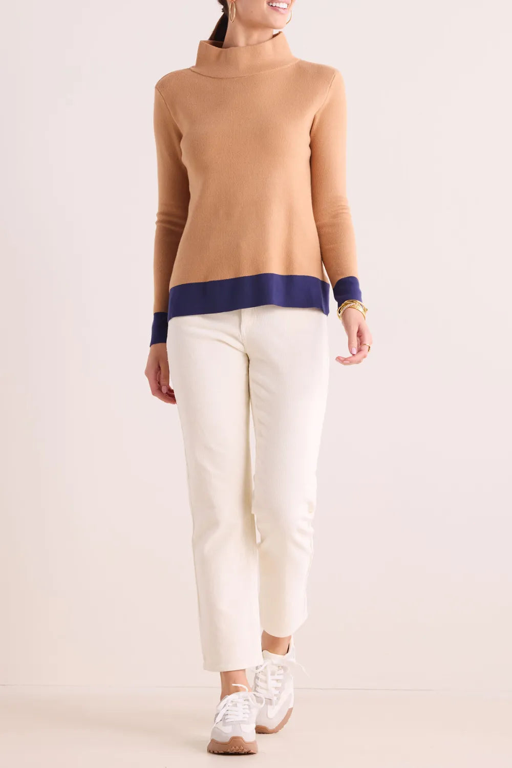 Camel Mock Neck Contrast Cuff Cropped Sweater