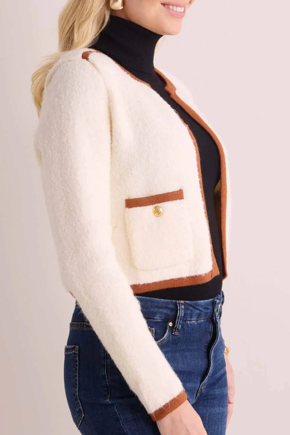 Cream Contrast Trim Cropped Cardigan