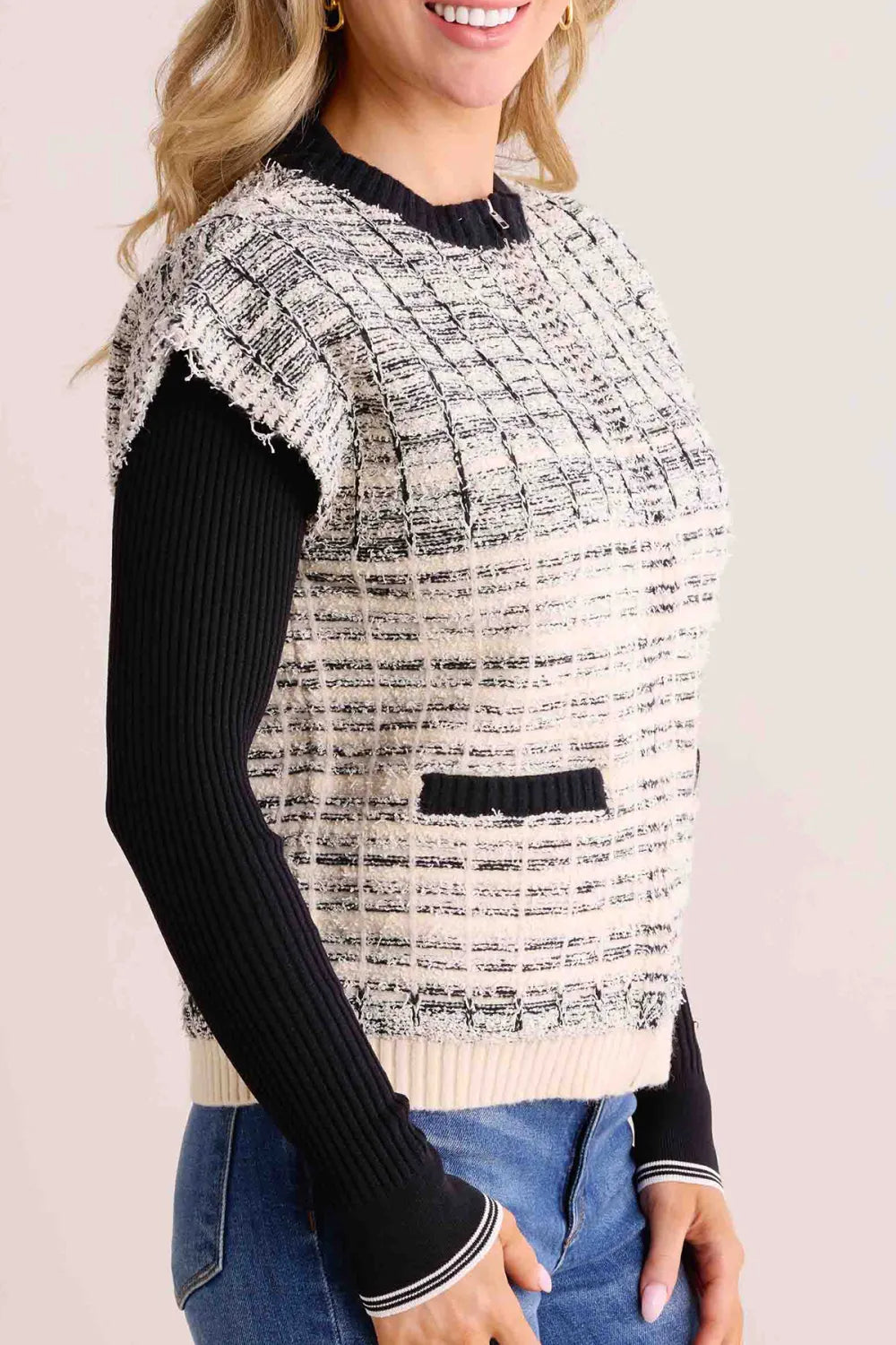 Tweed-Like Cap Sleeve Layered Knit Cardigan