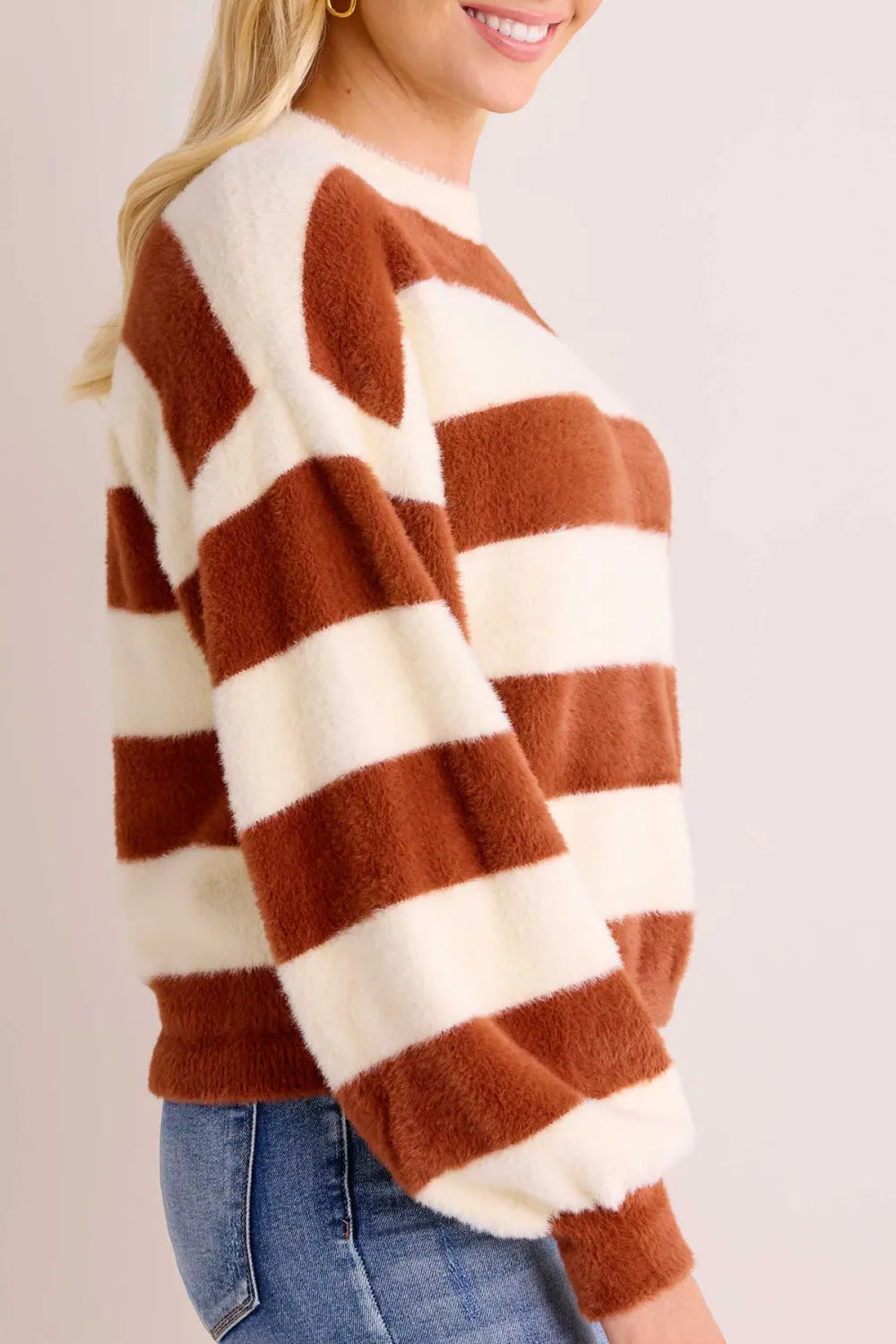 Striped Fuzzy Knit Crew Neck Sweater