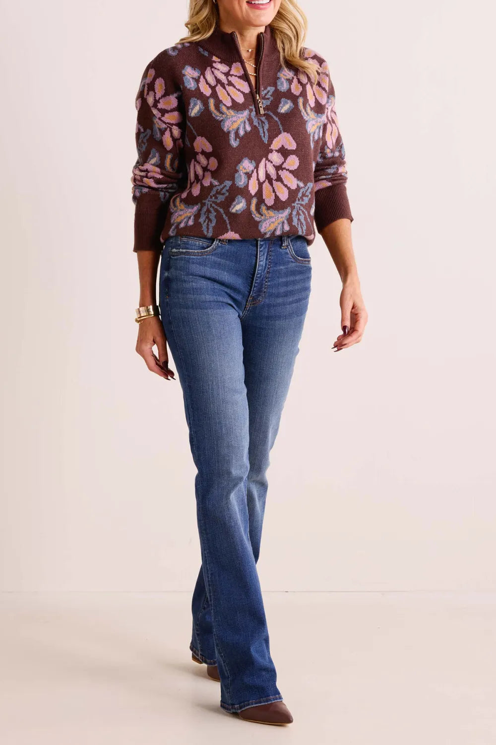 Brown Floral Print Half-Zip Sweater