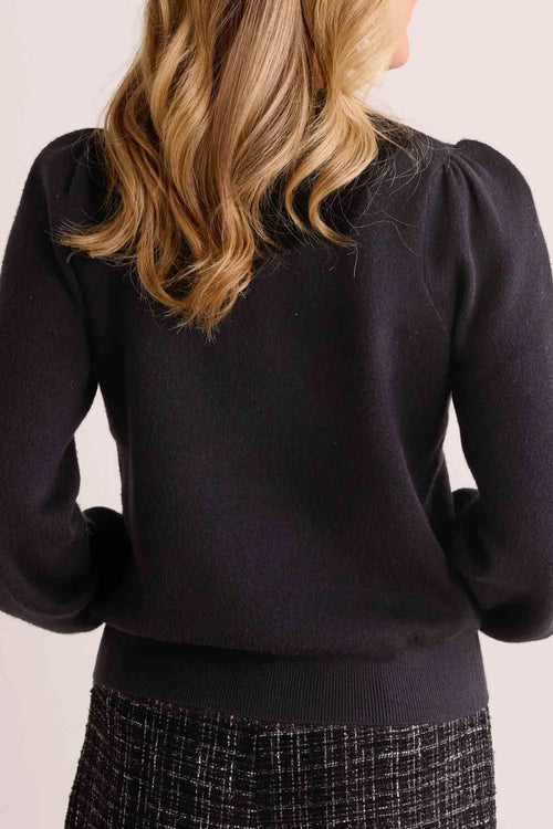 Black V-Neck Rhinestone Bow Knitted Cardigan