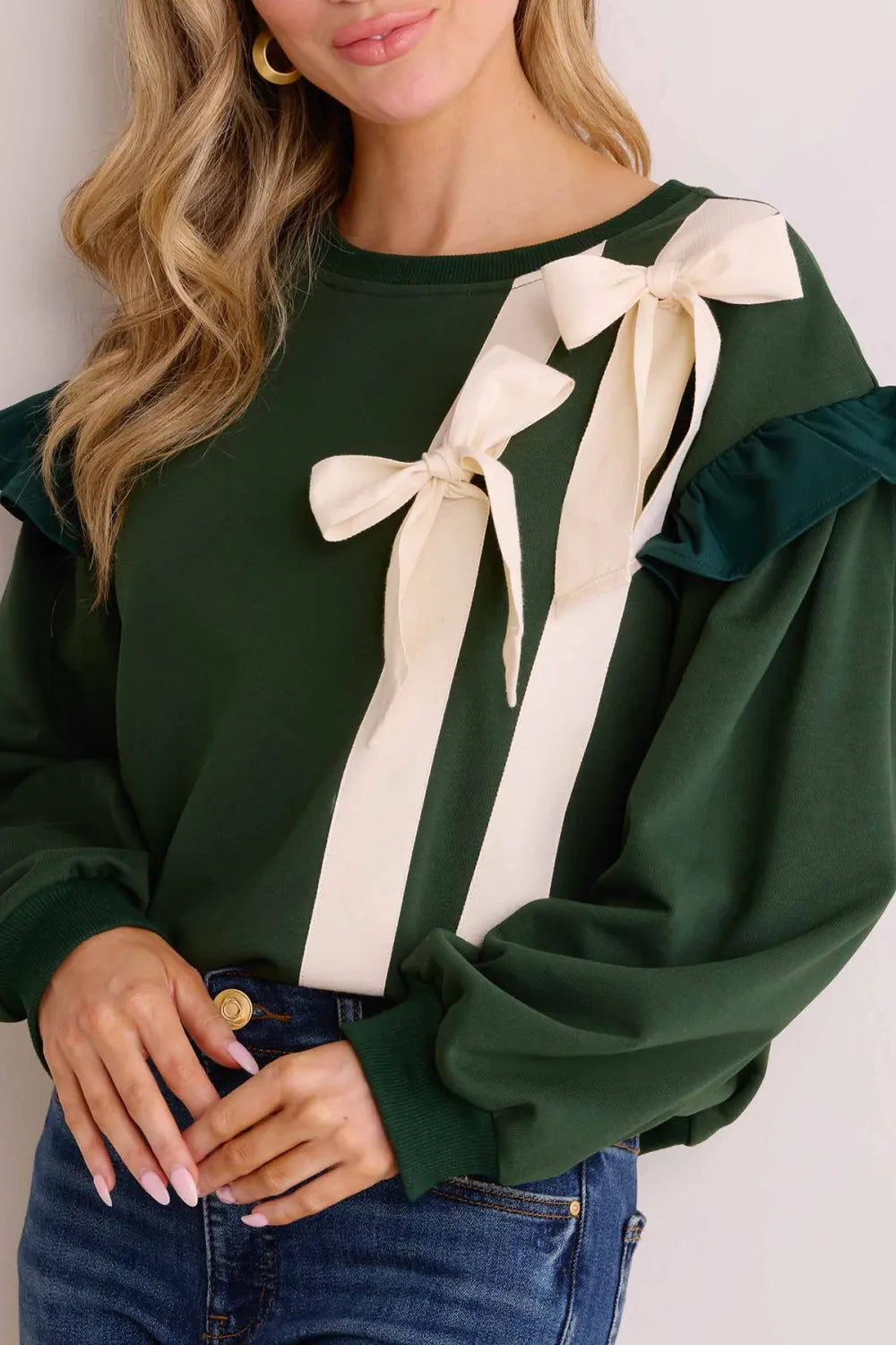 Green Ruffled Sleeve Bow-Accent Sweater