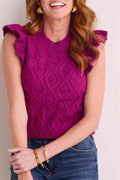 Purple Cable Knit Ruffled Sleeve Sleeveless Sweater
