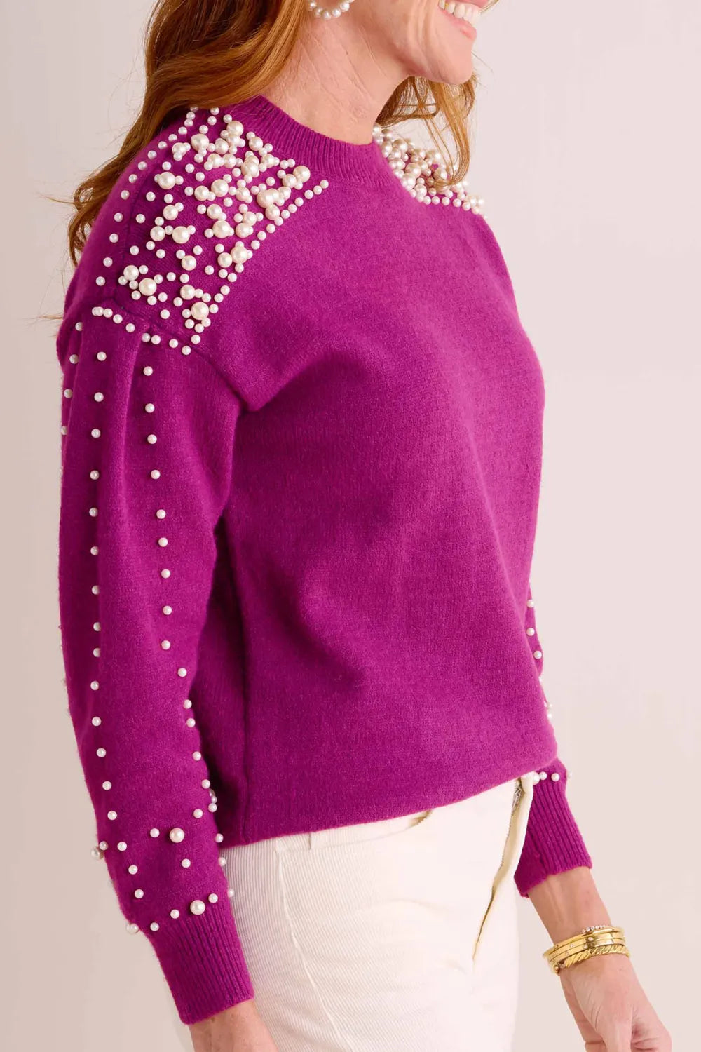 Purple Crew Neck Rhinestone Embellished Sweater