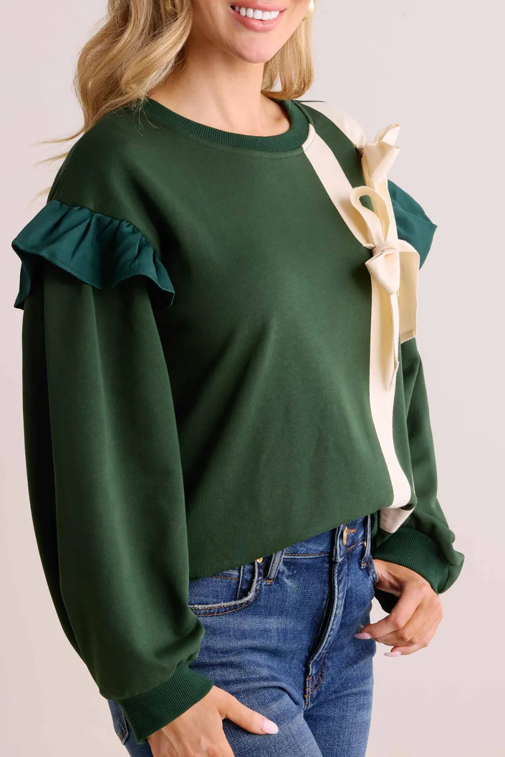 Green Ruffled Sleeve Bow-Accent Sweater