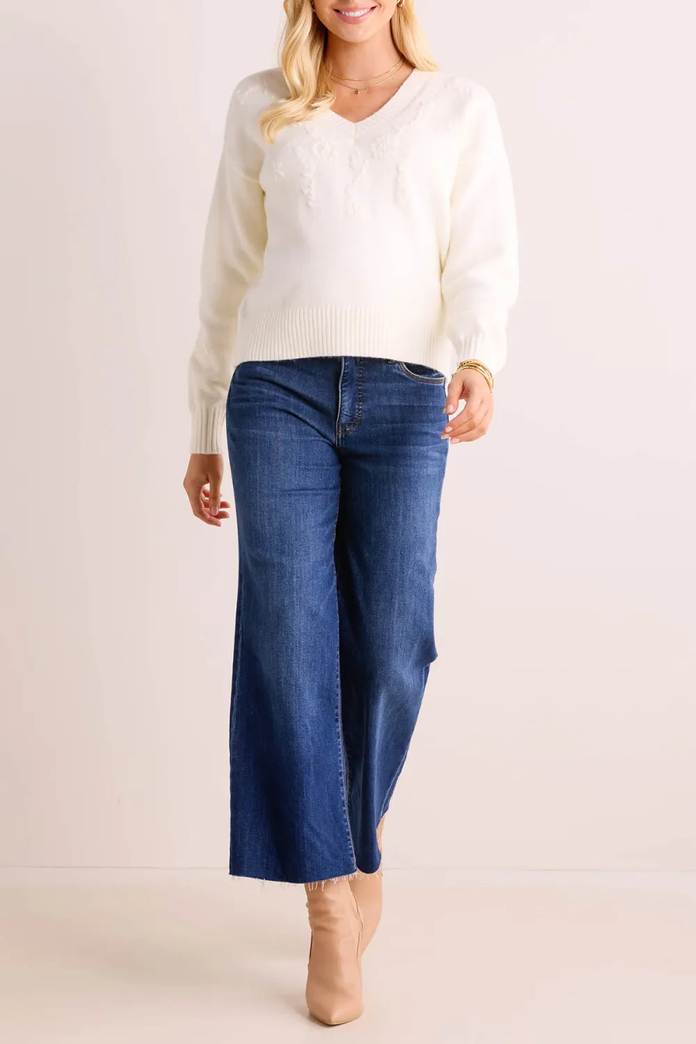 White Cable Knit V-Neck Sweater