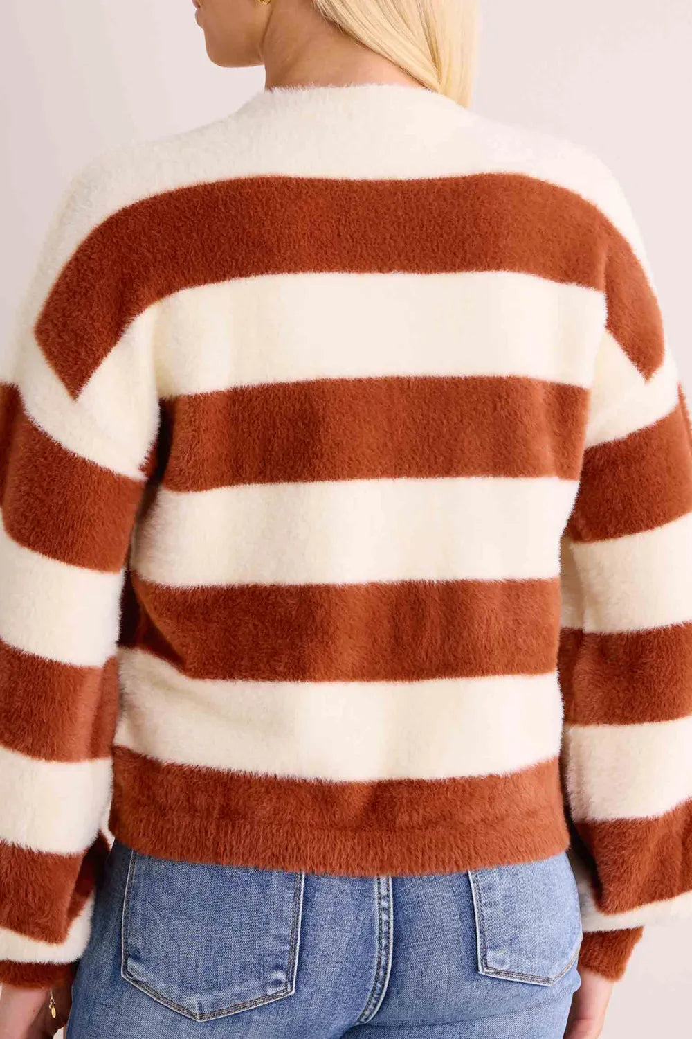 Striped Fuzzy Knit Crew Neck Sweater