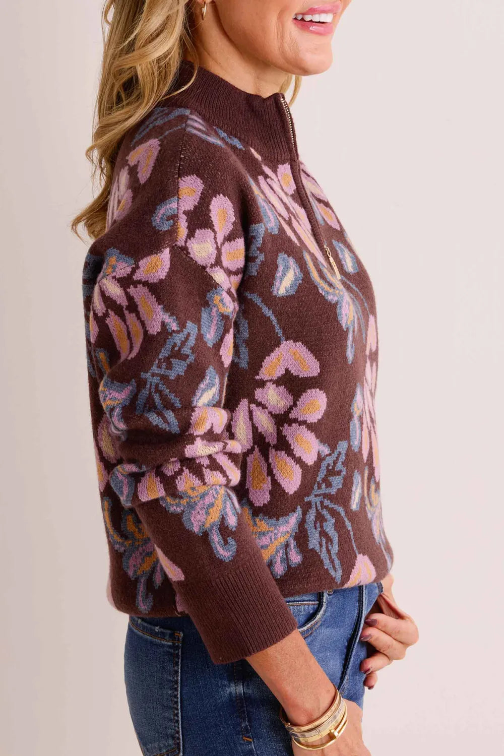 Brown Floral Print Half-Zip Sweater