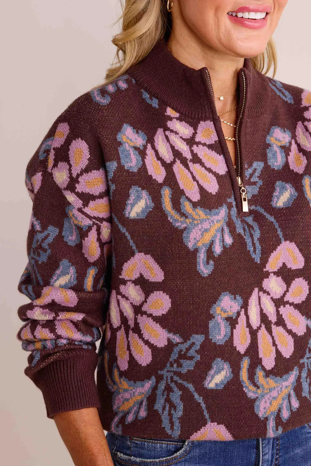 Brown Floral Print Half-Zip Sweater