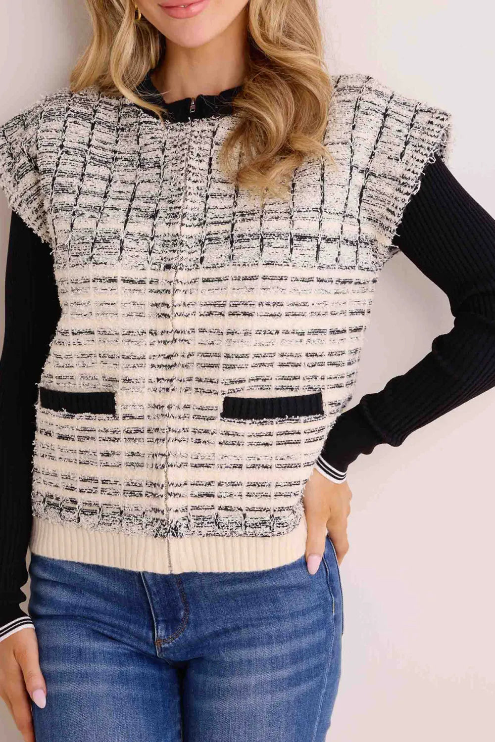 Tweed-Like Cap Sleeve Layered Knit Cardigan