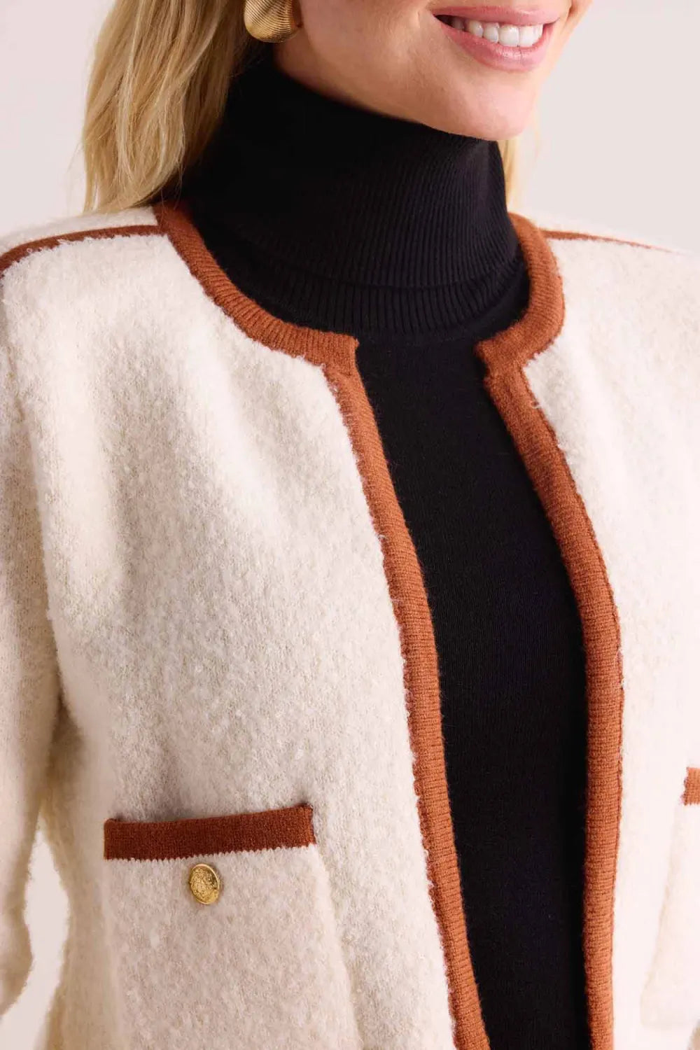 Cream Contrast Trim Cropped Cardigan