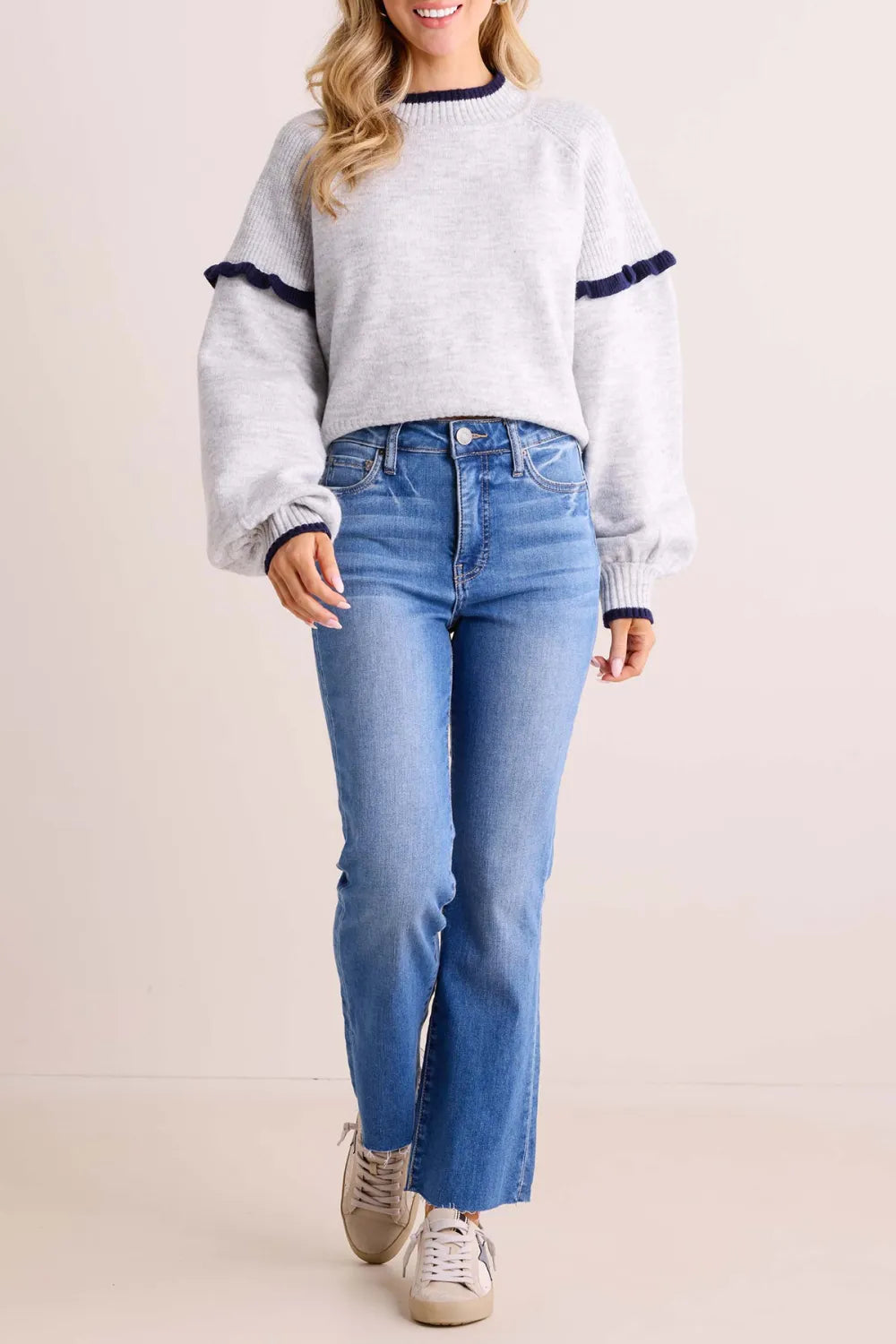 Grey Contrast Trim Crew Neck Long Sleeve Sweater