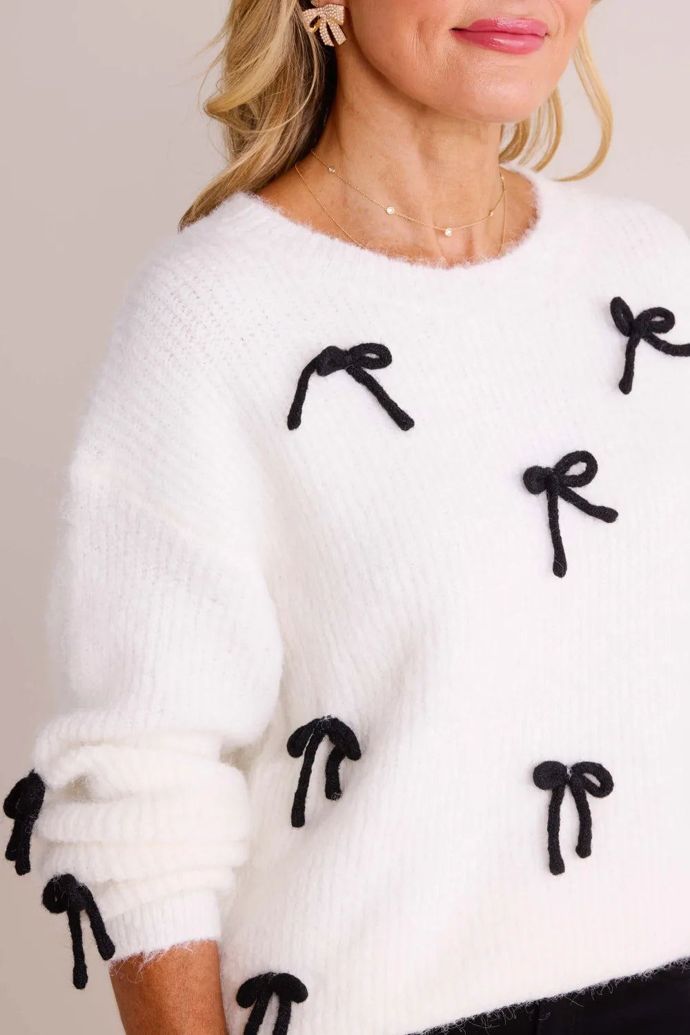 White Bow Crew Neck Long Sleeve Sweater