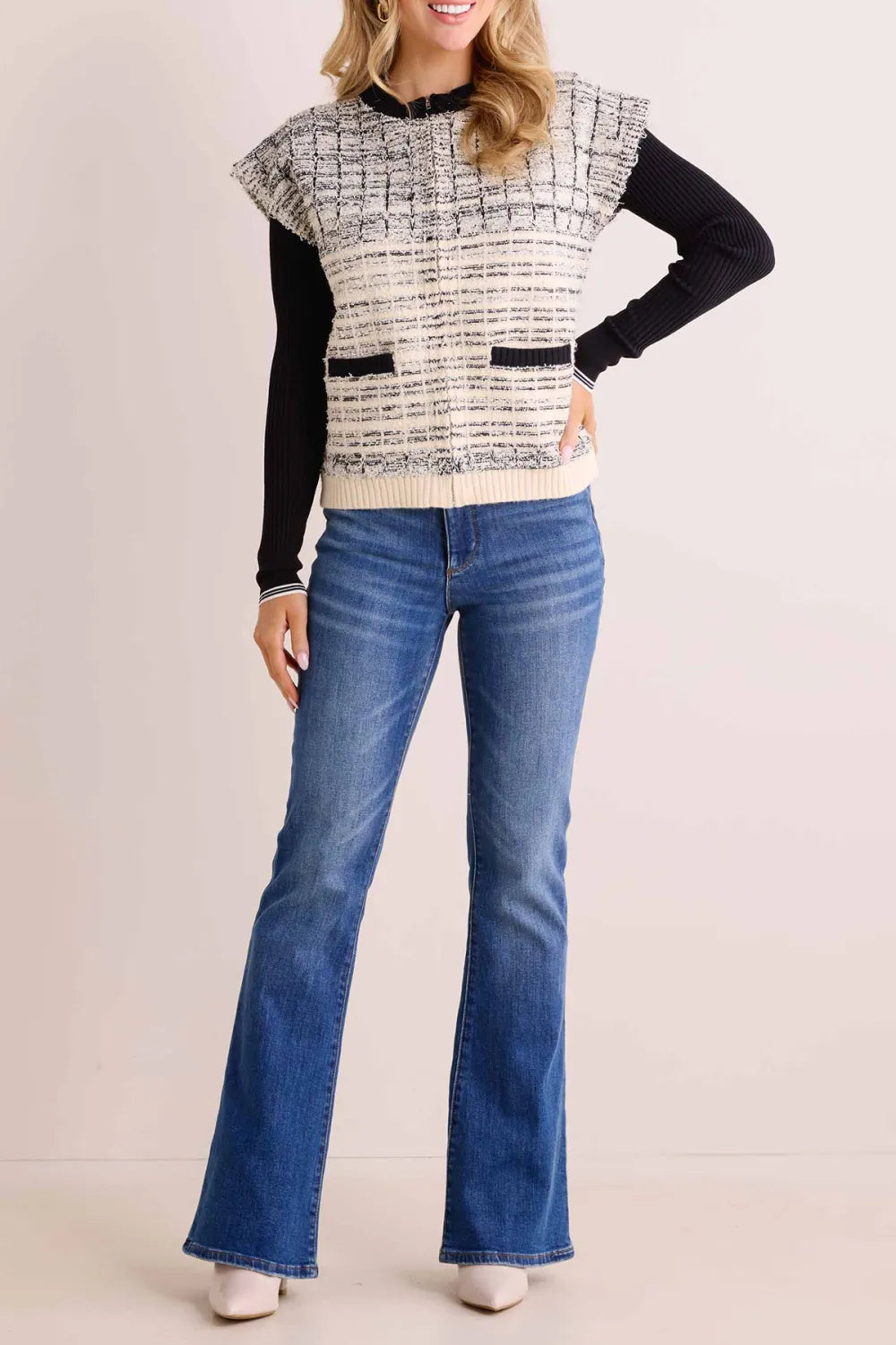 Tweed-Like Cap Sleeve Layered Knit Cardigan