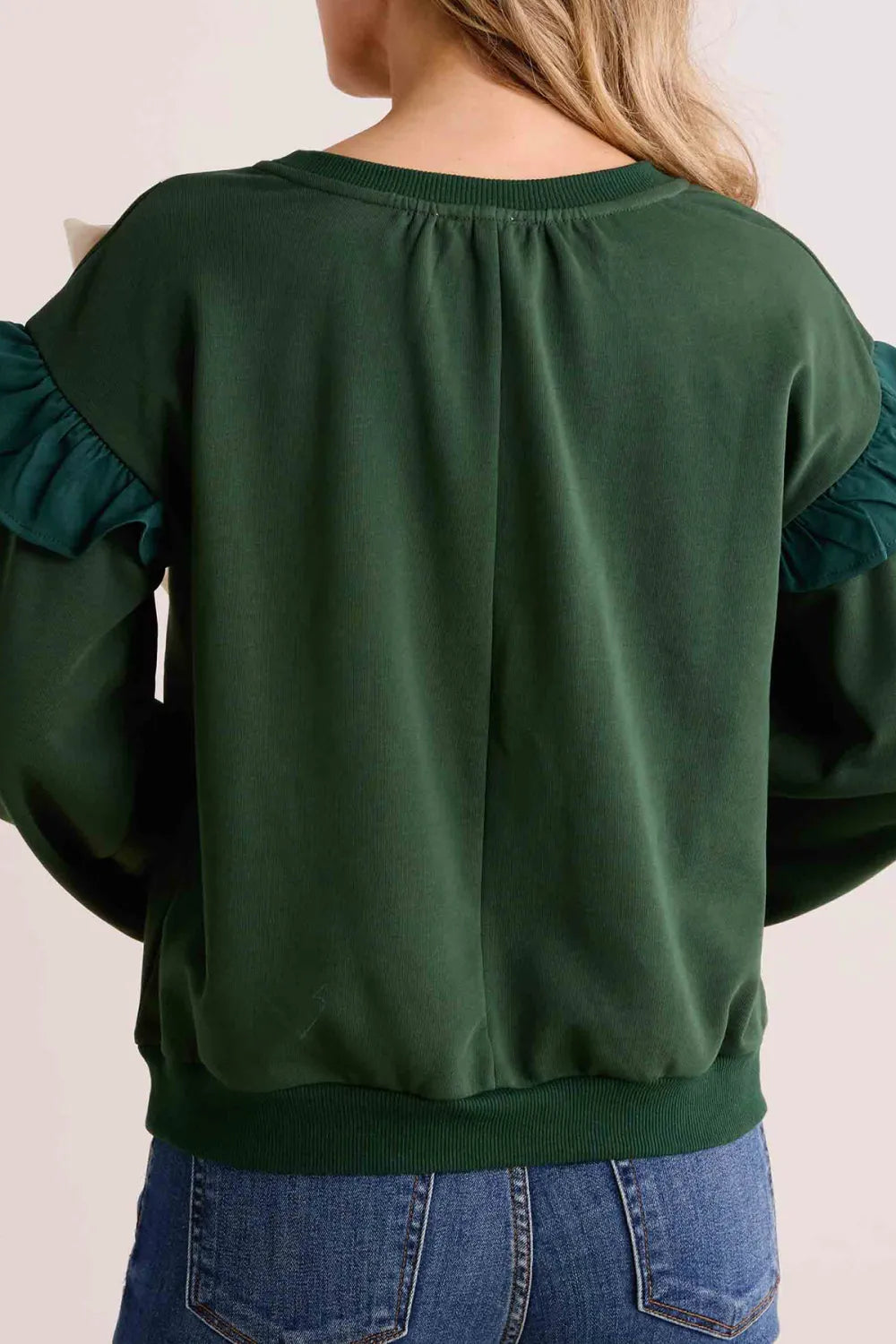 Green Ruffled Sleeve Bow-Accent Sweater