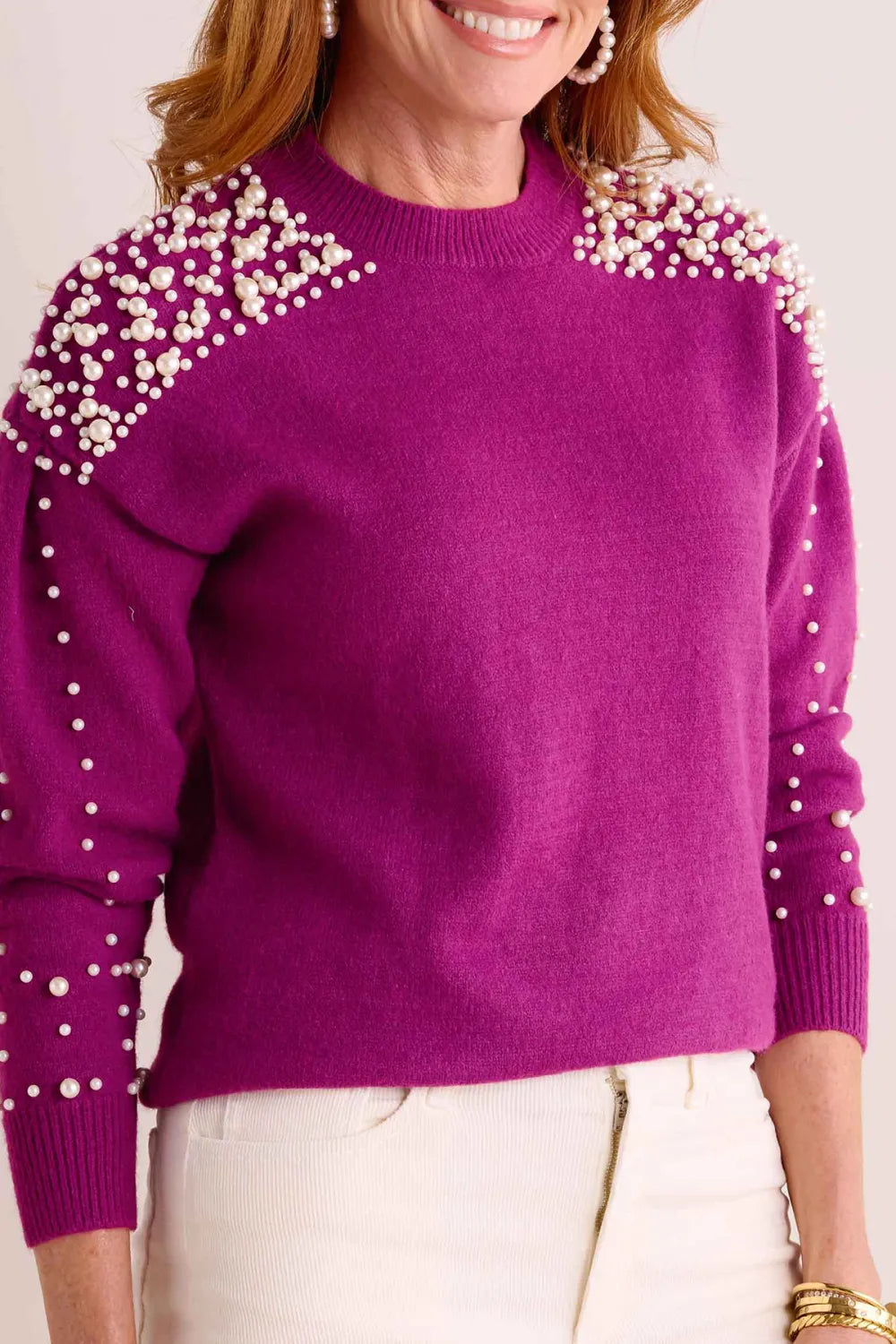 Purple Crew Neck Rhinestone Embellished Sweater