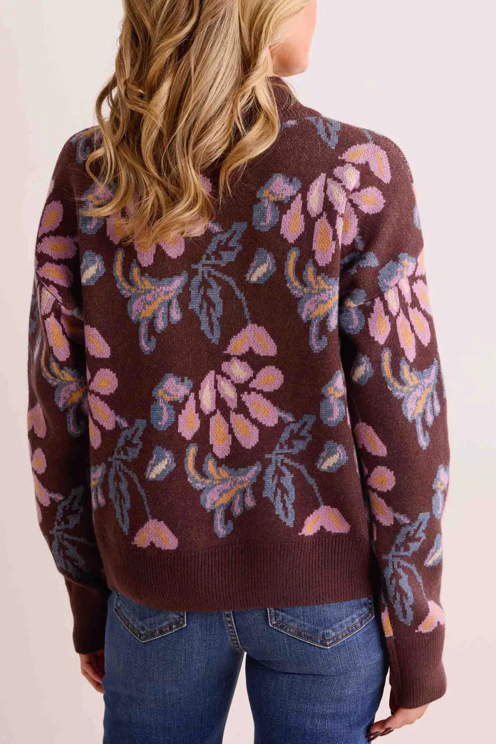 Brown Floral Print Half-Zip Sweater
