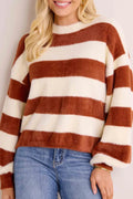 Striped Fuzzy Knit Crew Neck Sweater