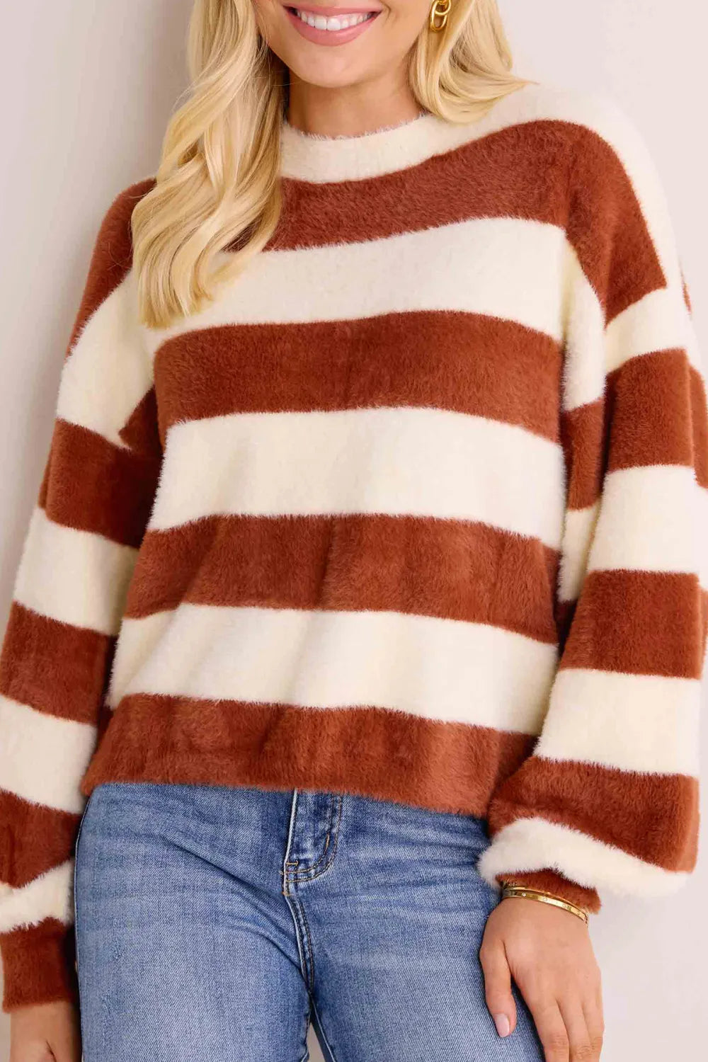 Striped Fuzzy Knit Crew Neck Sweater