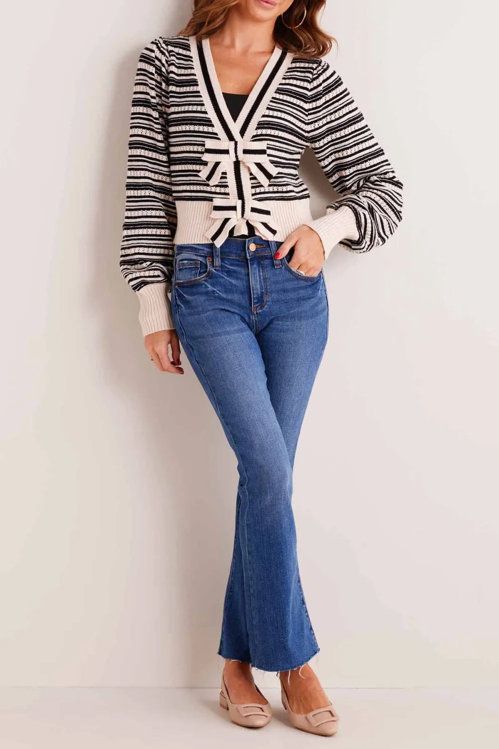 Striped Tie-Front Knitted Cropped Cardigan