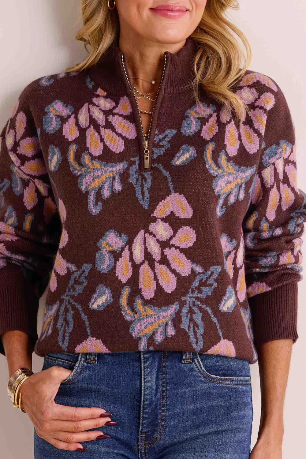 Brown Floral Print Half-Zip Sweater