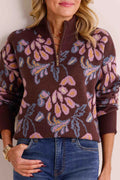 Brown Floral Print Half-Zip Sweater