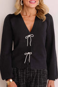 Black V-Neck Rhinestone Bow Knitted Cardigan
