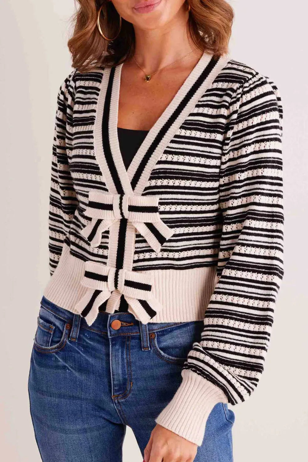 Striped Tie-Front Knitted Cropped Cardigan