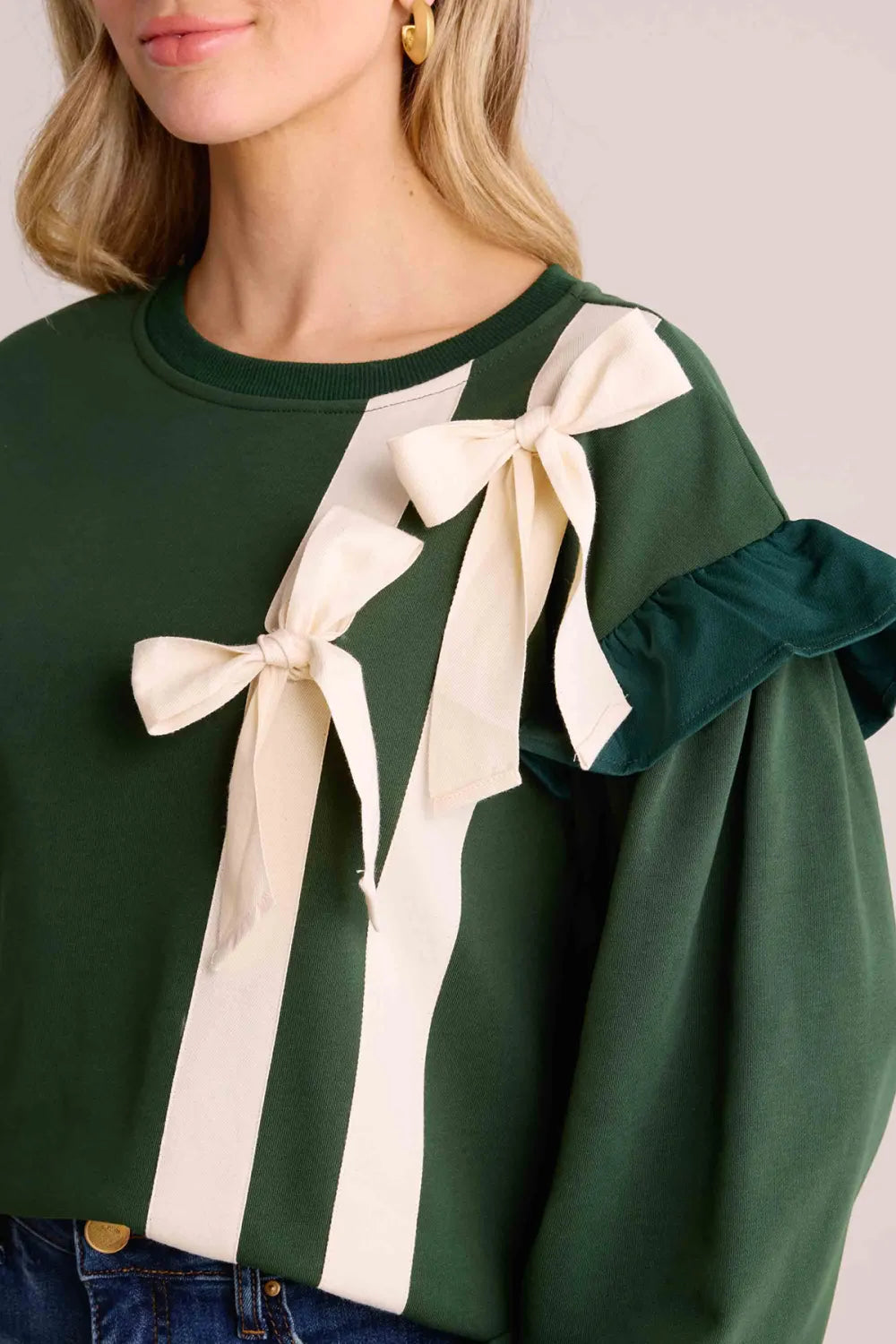Green Ruffled Sleeve Bow-Accent Sweater