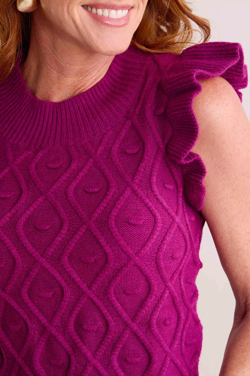 Purple Cable Knit Ruffled Sleeve Sleeveless Sweater
