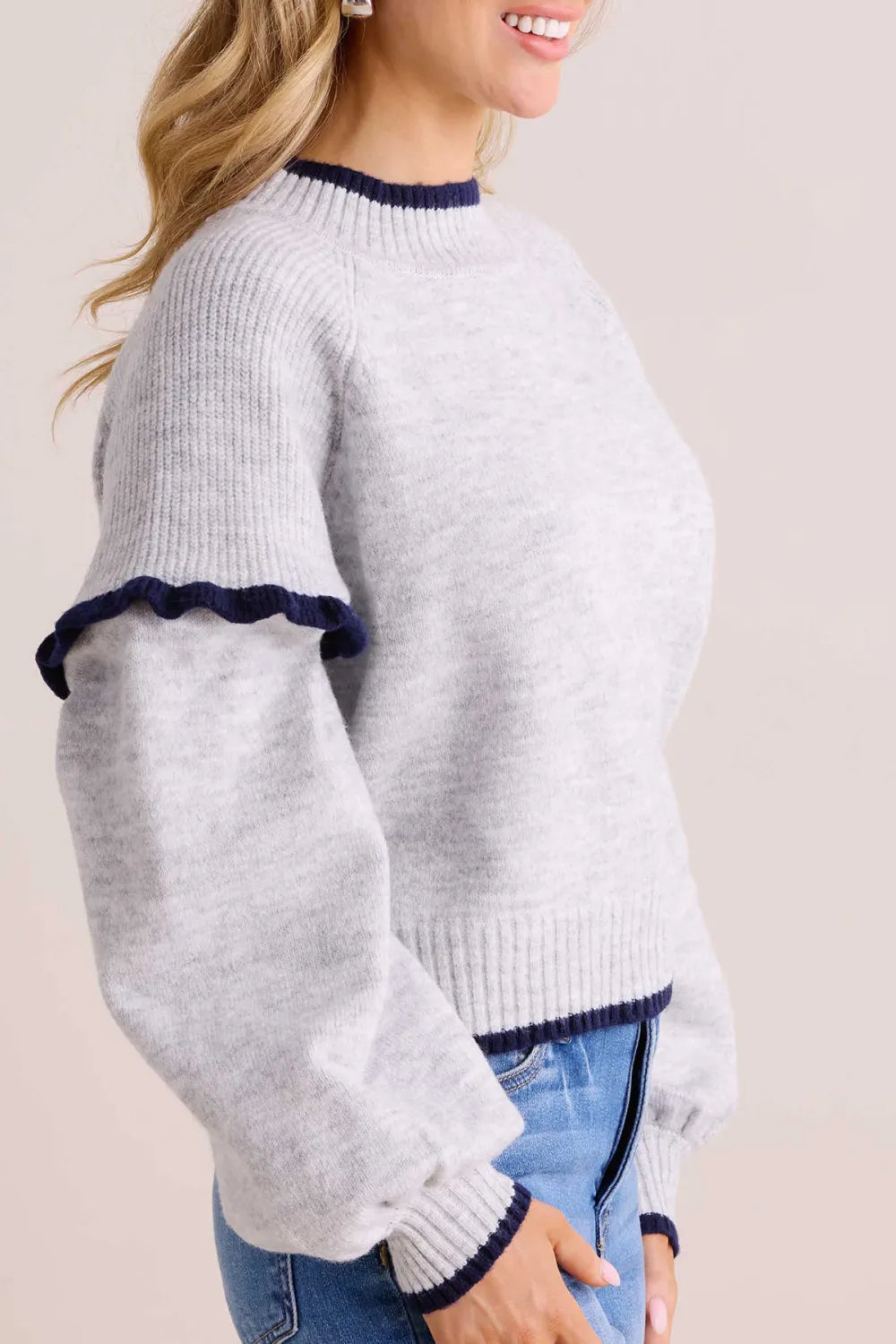 Grey Contrast Trim Crew Neck Long Sleeve Sweater