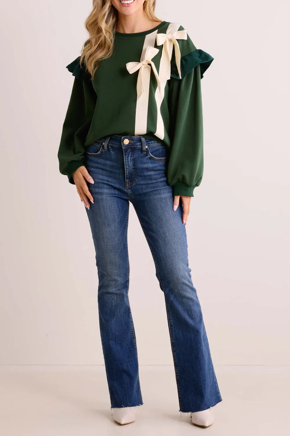 Green Ruffled Sleeve Bow-Accent Sweater
