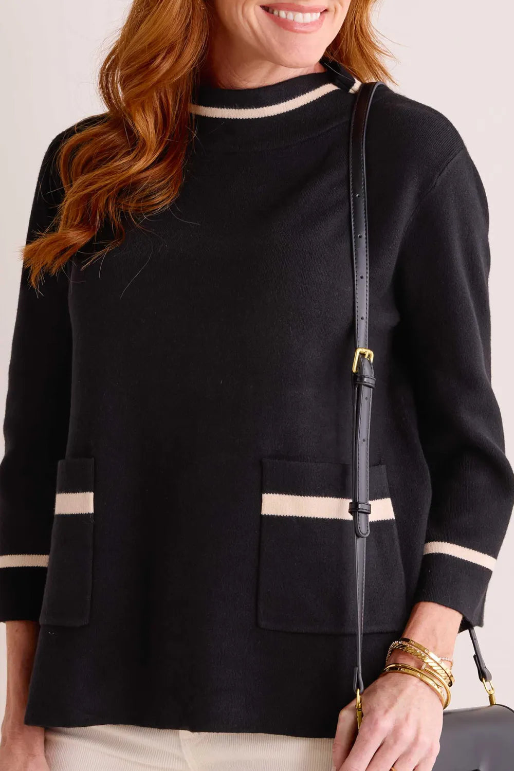 Black Mock Neck Patch Pockets Contrast Trim Sweater