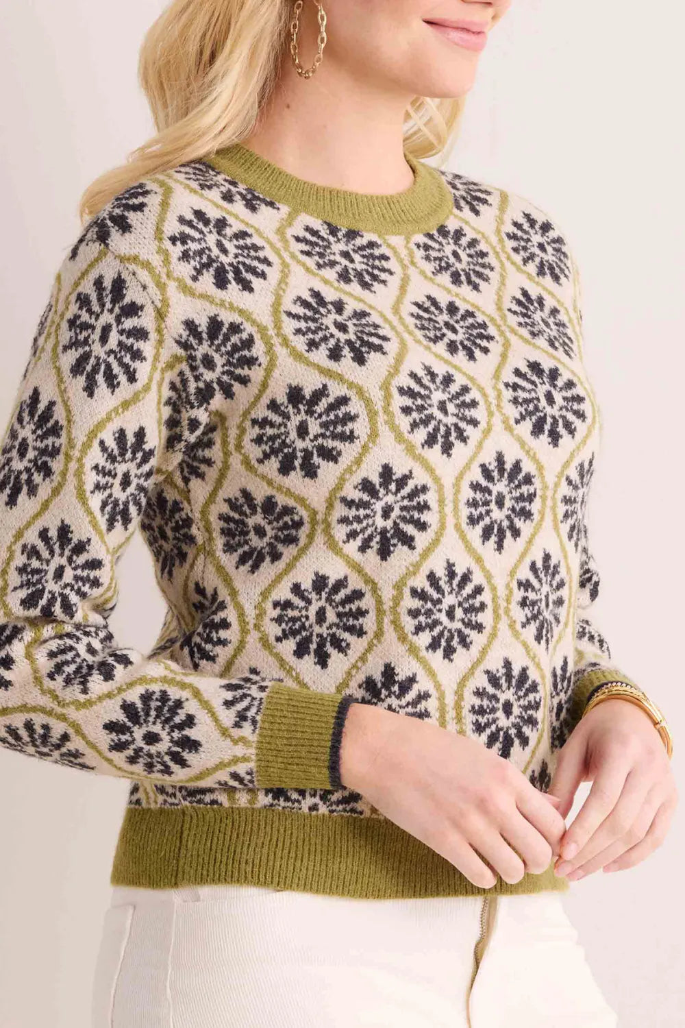 Green Floral Pattern Crew Neck Knitted Sweater