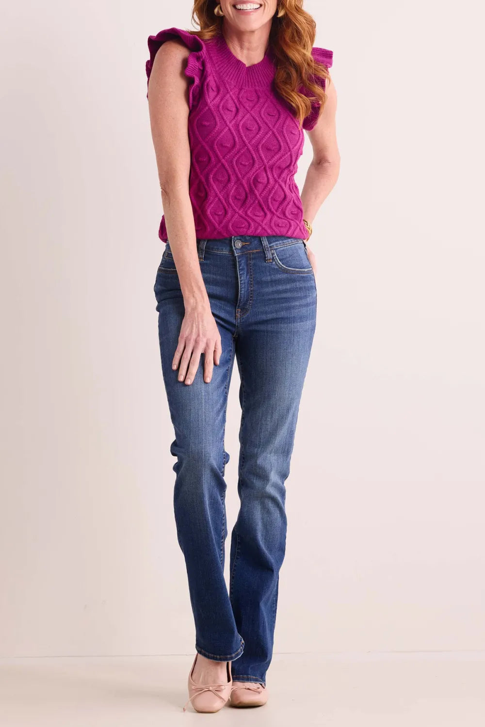 Purple Cable Knit Ruffled Sleeve Sleeveless Sweater