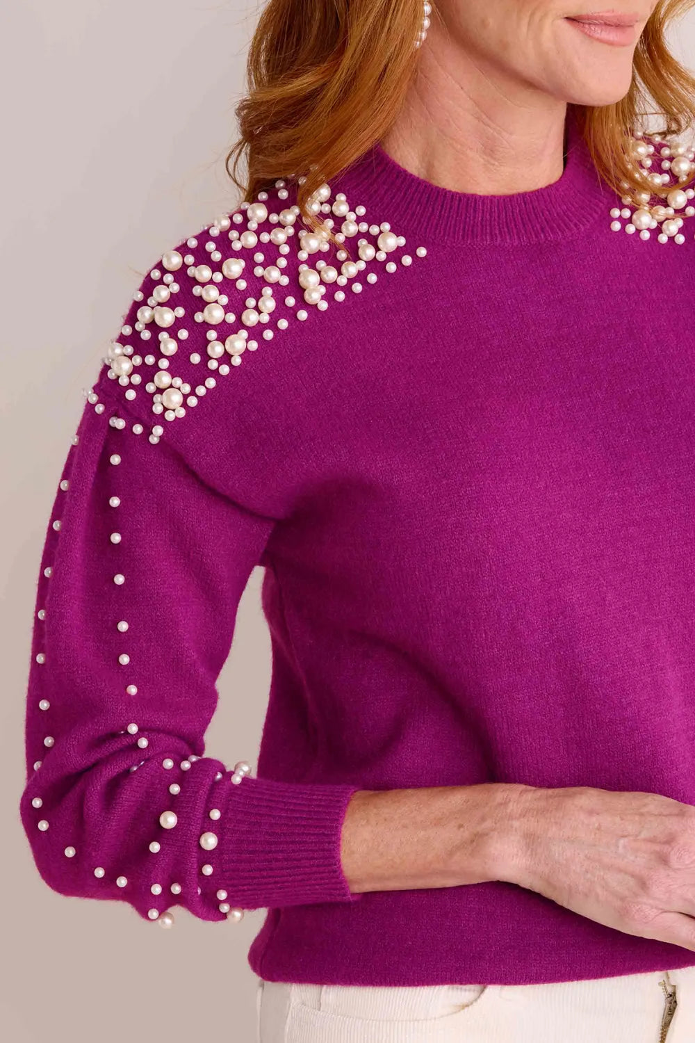 Purple Crew Neck Rhinestone Embellished Sweater